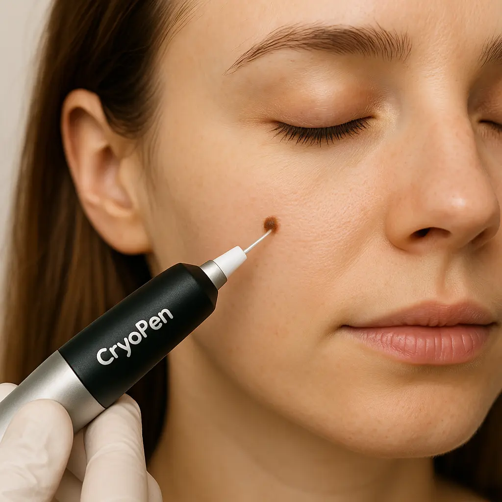 woman receiving facial mole removal Fulwell using cryopen 